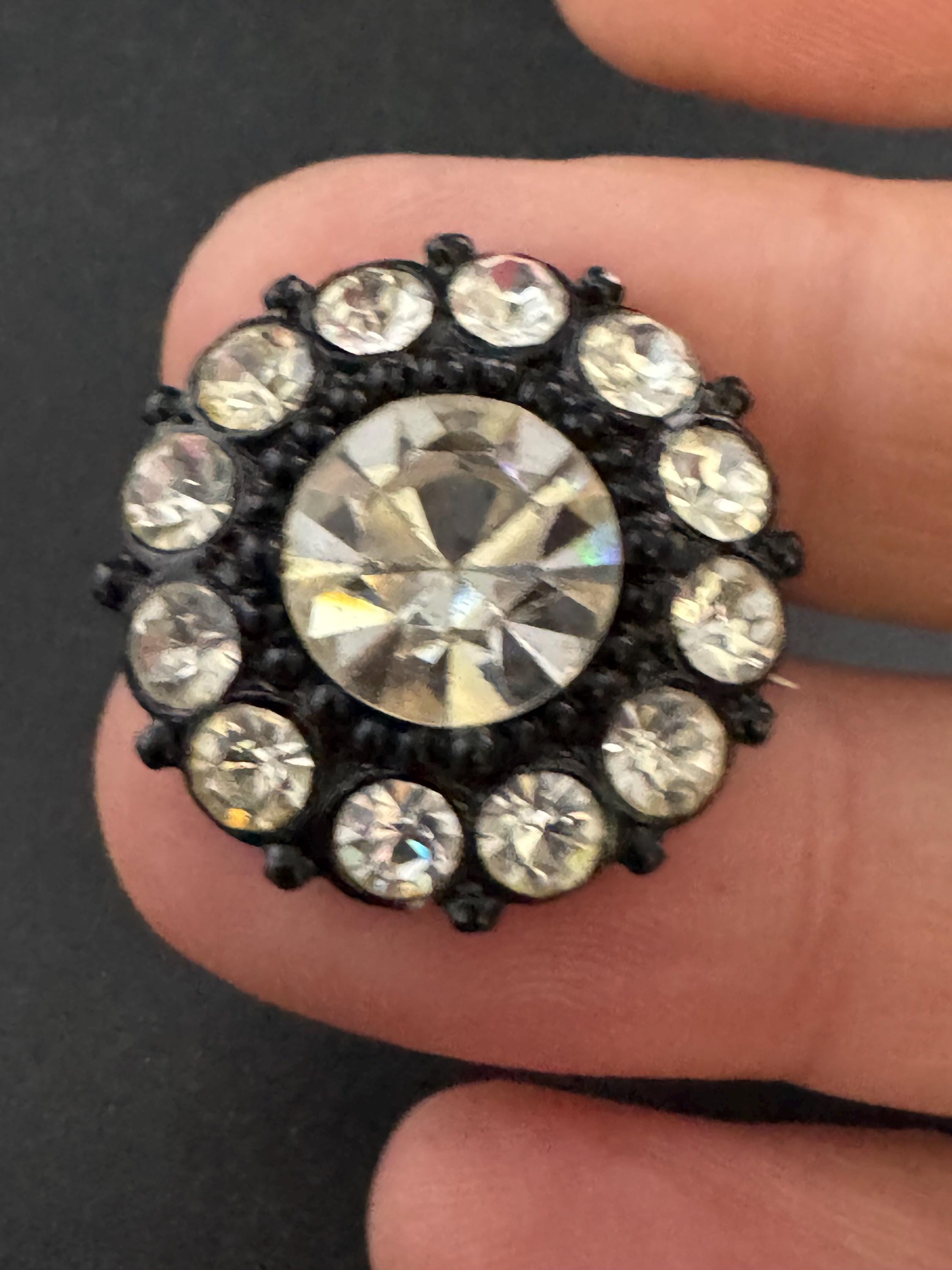Small Button Brooch, Clear Diamanté Round Pin | Japanned Metal