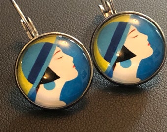 Art Deco lady bright blue yellow drop earrings