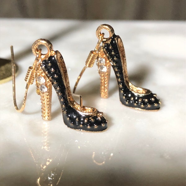 gold and BLACK enamel diamanté stiletto high heel shoe drop earrings pair