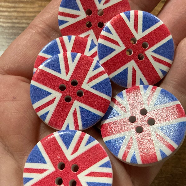 Lot de 6 boutons ronds en bois Union Jack XL 30 mm avec drapeau britannique 4 trous