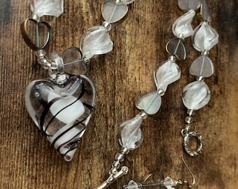Glass Heart Jewellery Set, Necklace & Earrings (Sterling Silver Clasps)
