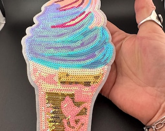 XL スパンコール アイスクリーム パッチ: ブルー、ピンク、ゴールドのアイロン接着アップリケ