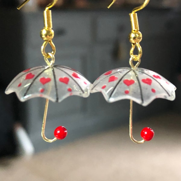 Retro style Novelty gold tone red heart umbrella drop earrings for pierced ears