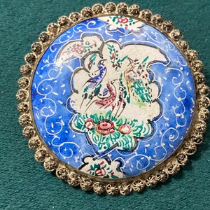 Antique Hand Painted blue enamel Eastern Arabic Brooch