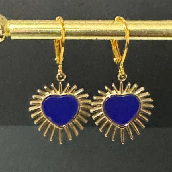 Gold tone blue enamel starburst love heart charm earrings Victoriana style pierced