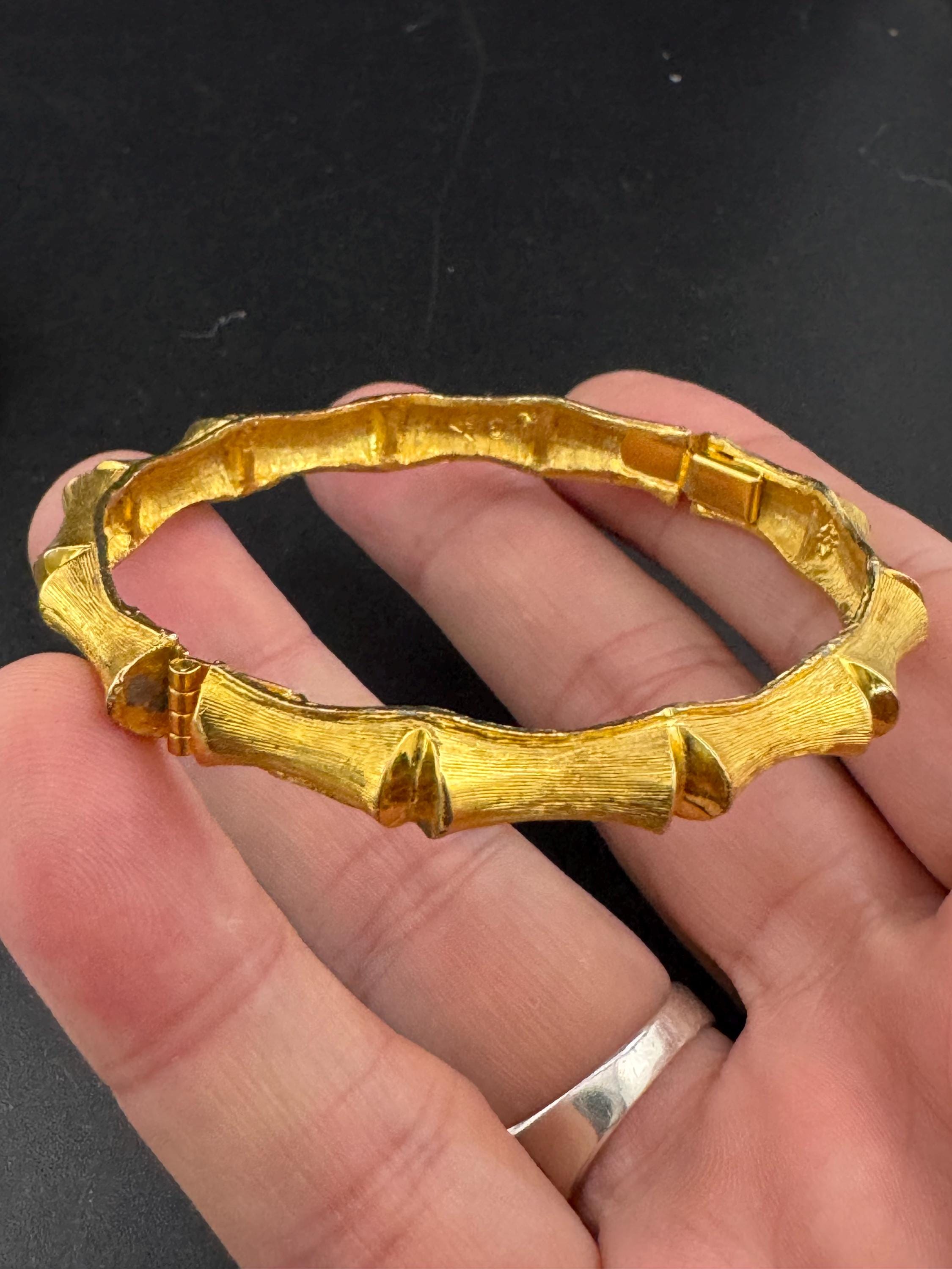 Vintage Chinese BAMBOO Matt Gold Tone Clamper Bangle Bracelet