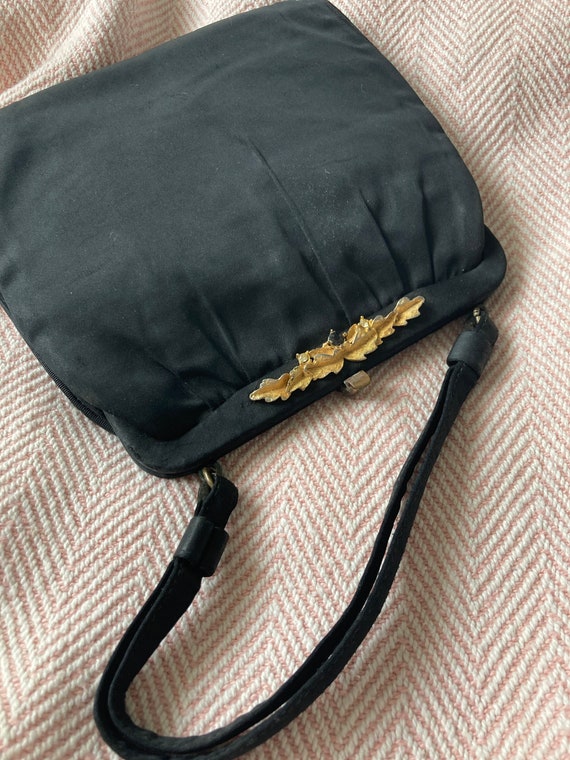 Signed antique black satin evening bag purse bras… - image 1