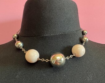 Czech silver Chrome pink bead necklace, art deco jakob Bengel style
