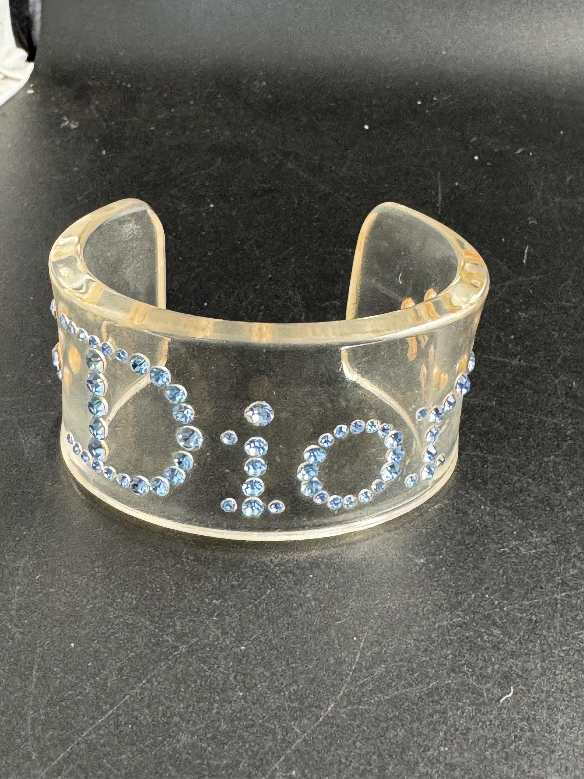 Clear Acrylic Blue Open Cuff Bracelet | Rhinestone Detail | Art
