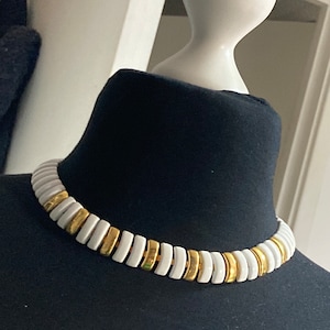 Signed NAPIER designer White Enamel gold tone panel link wide Choker necklace