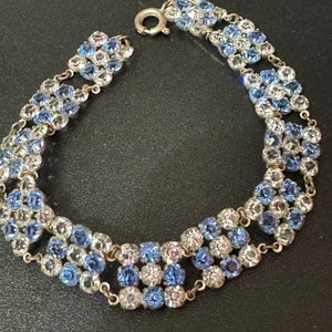 Vintage Art Deco Crystal Bracelet: Sapphire Blue & Clear Rhinestones
