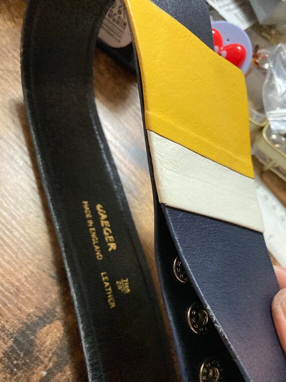 Jaeger navy blue yellow leather belt 71cm 28” vin… - image 3