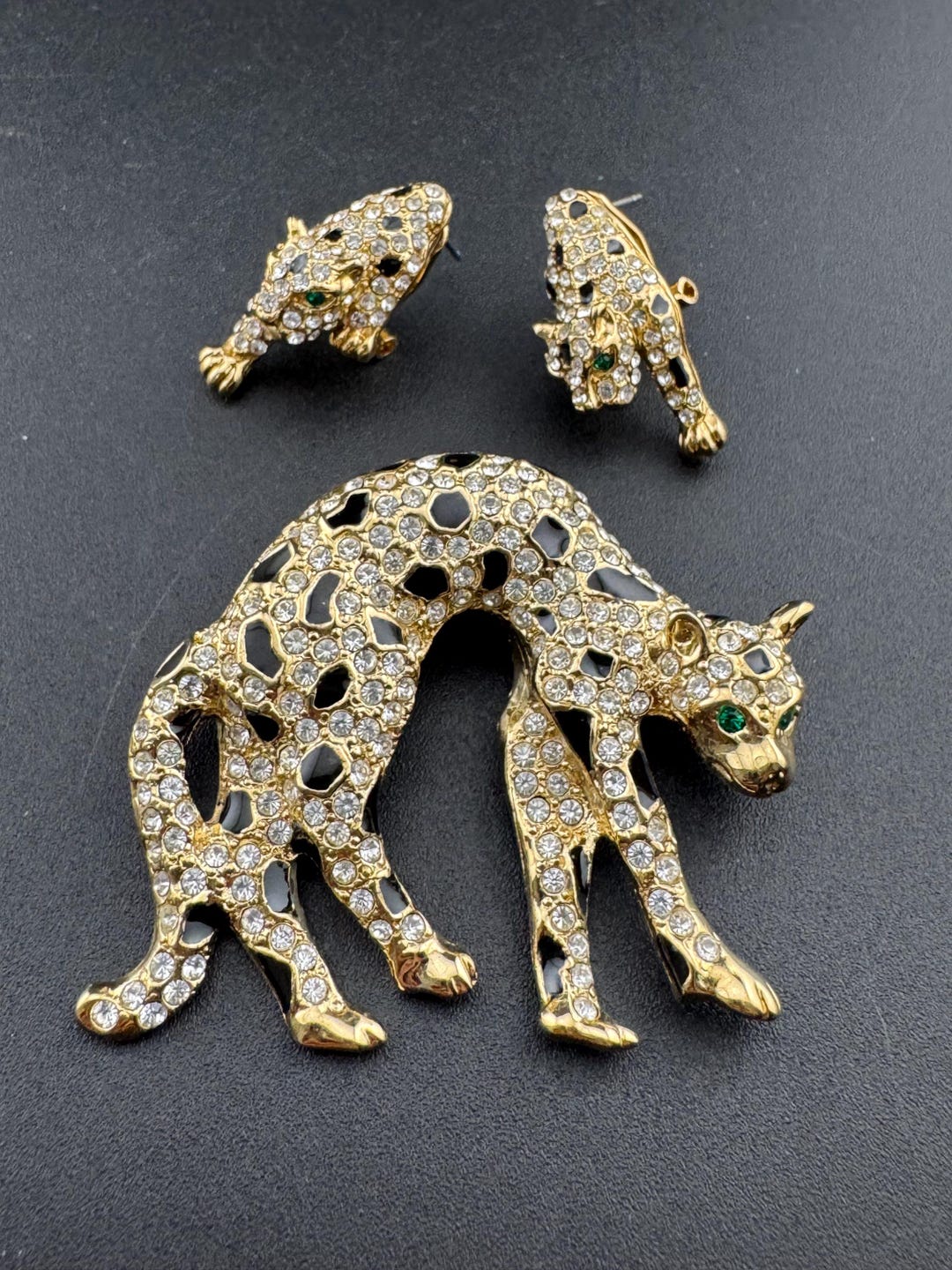 Leopard Jewellery Set: Rhinestone Brooch With Matching Earrings (gold ...