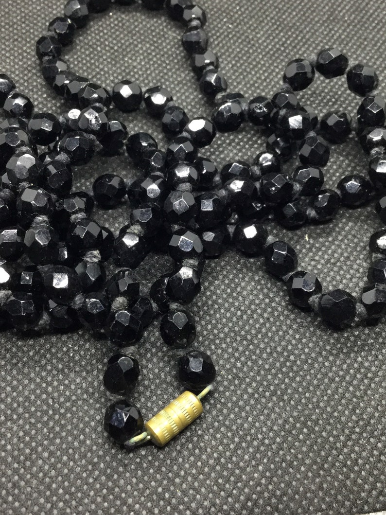 Antique French Jet Black Glass Lariat or sautoir long beaded flapper necklace with faceted beads vintage art deco 1920s 1930s