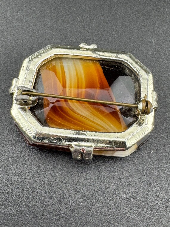 Gold tone rectangular brooch large brown faux mar… - image 3