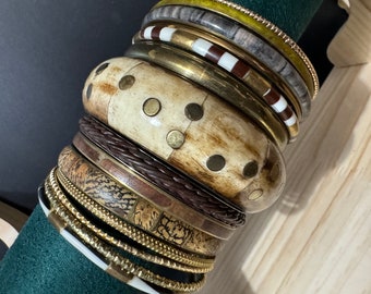 Armful of vintage neutrals brown cream beige and gold tones slim and wide tacking boho bangles