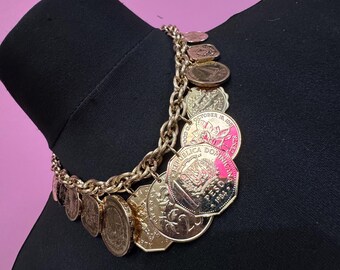 Golden Caribbean Coin Necklace: Franklin Mint, Vintage Gold Wide