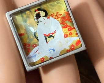 Stainless Steel Geisha Girl Ring, Modernist Glass Cabochon