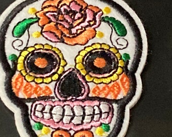 skull iron on patch appliqué,  white black embroidery floral steampunk
