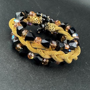 Vintage black and brown AB glass crystal rhinestone wide Gold Tone mesh cocktail tassel bracelet
