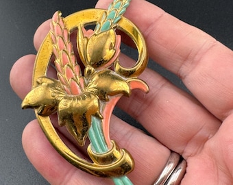 Broche Vintage Tchèque GECHOSLOV - Style Art Déco Plaqué Or Avec Pierres Vertes - Bijou Ancien