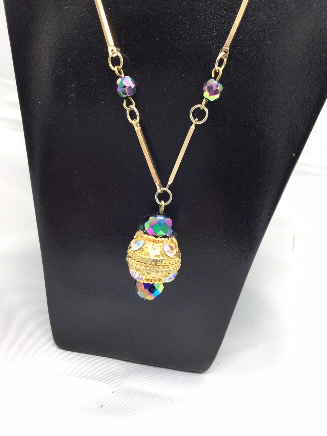 Petrol Blue Rainbow Glass Paste Rhinestone Long Pendant Necklace - Etsy