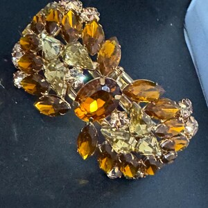 May include: A vintage brooch featuring a cluster of amber and olive-colored rhinestones. The brooch has a gold-tone metal setting and is designed with a floral or leaf-like pattern. The rhinestones vary in size and shape, creating a sparkling effect.