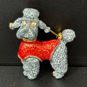 Vintage red and grey enamelled novelty POODLE Dog Brooch Pin mid century
