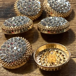 Set of 6 25mm gold tone metal shank round domed glass diamanté buttons for coat