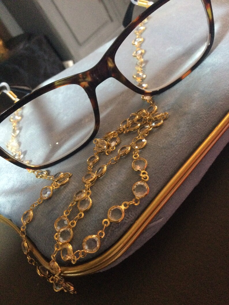 Never lose your glasses sunglasses chain silver tone rivi\u00e8re bezel set clear crystal diamant\u00e9 Vintage retro style lanyard necklace chain