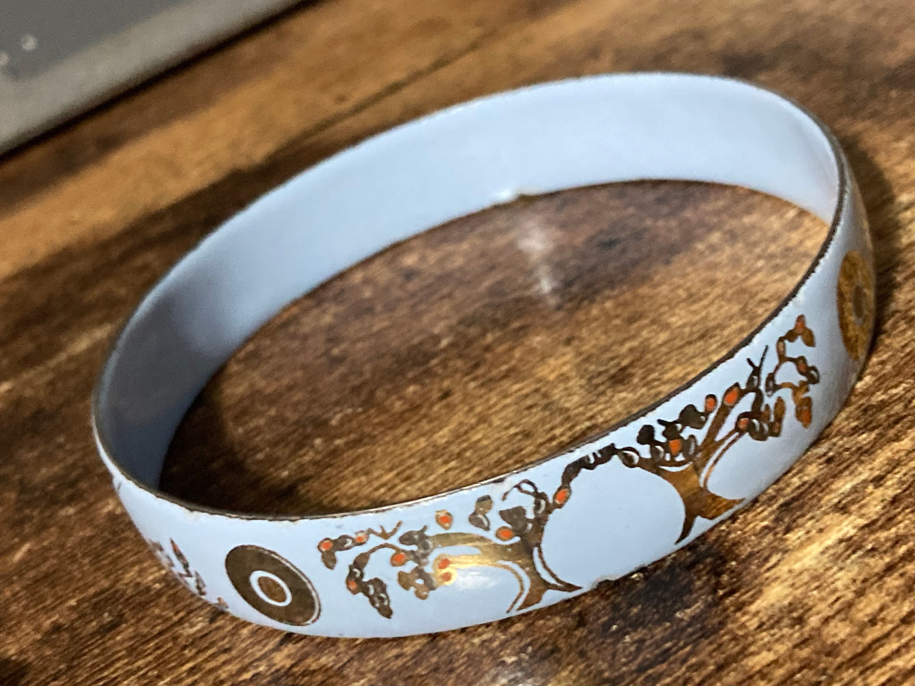 Marlene Capri Enamel Bangle: Antique Floral Style Light Blue Gold
