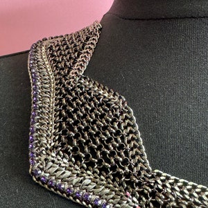 Retro deep purple Swarovski Crystal diamanté and dark grey silver tone chainmail wide choker necklace designer image 9