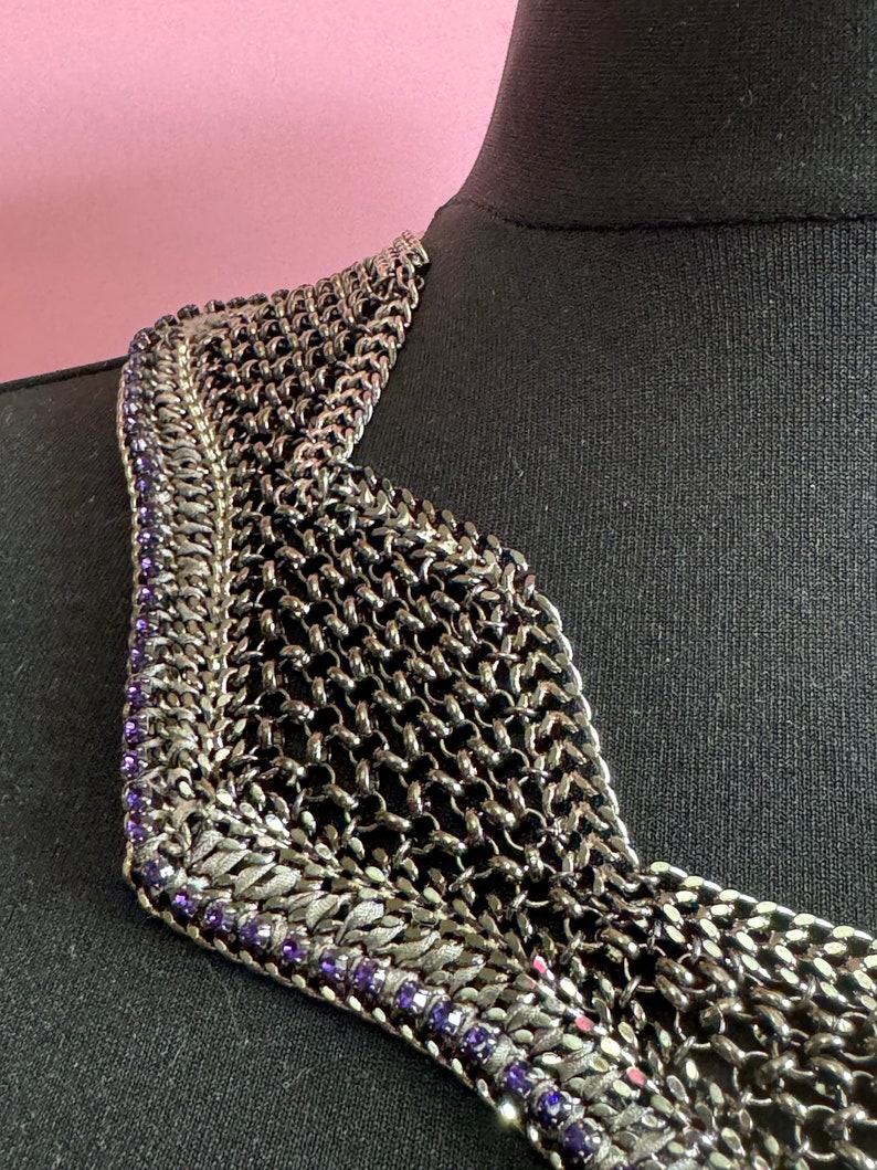 Retro deep purple Swarovski Crystal diamanté and dark grey silver tone chainmail wide choker necklace designer image 9