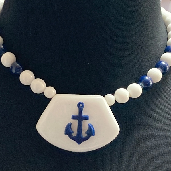 Vintage blue and white beaded plastic anchor necklace