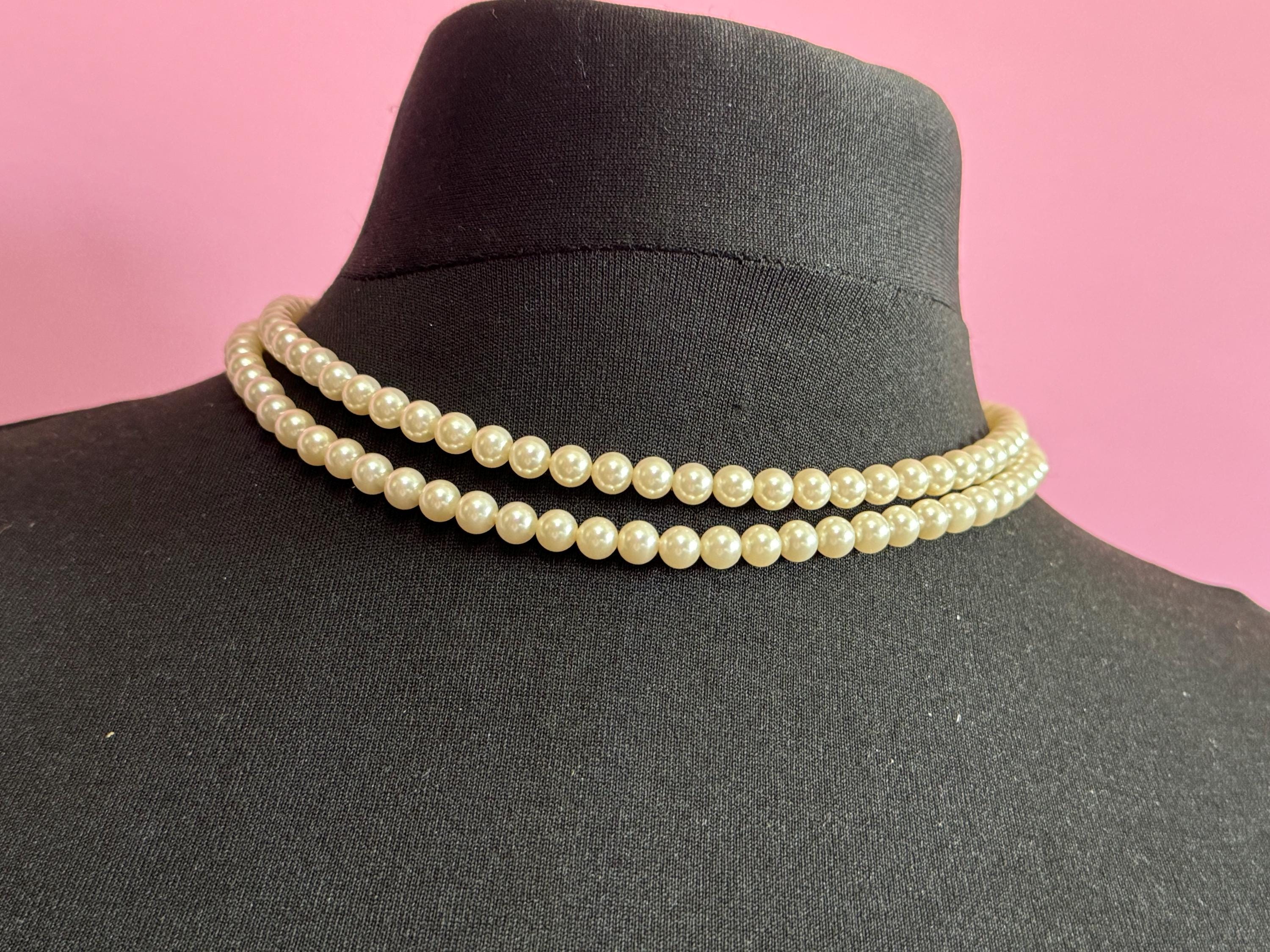 Vintage 2 Row Double Strand Glass Pearl Necklace Light Cream