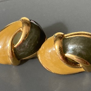 Vintage gold tone olive green enamel beige cream Oval pair stud earrings