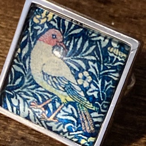 William Morris print ring BIRD design square glass cabochon adjustable