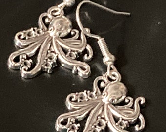 Nautical marine octopus silver tone drop earrings