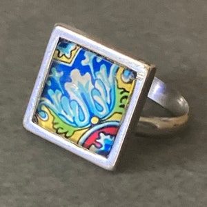 Handmade stainless steel square glass tile silver dress ring adjustable art nouveau