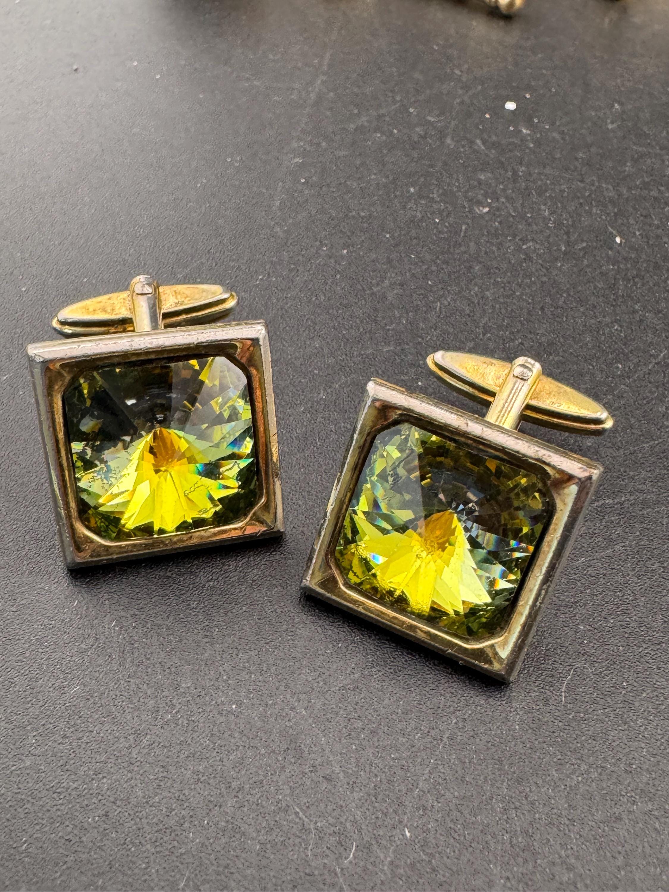 gold cufflinks with green Rivoli crystal: Rhinestone Brutalist 1970s