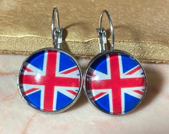 Boucles d'oreilles cabochon en verre Union Jack 16 mm drapeau britannique rond ton argent fait à la main