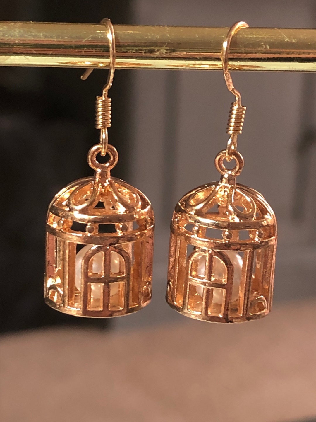Vintage Style Gold Tone Bird Cage Earrings With Inner Pearl Pierced