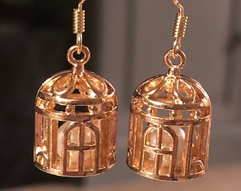 Birdcage Drop Earrings: Vintage Gold Tone - Pearl Accent