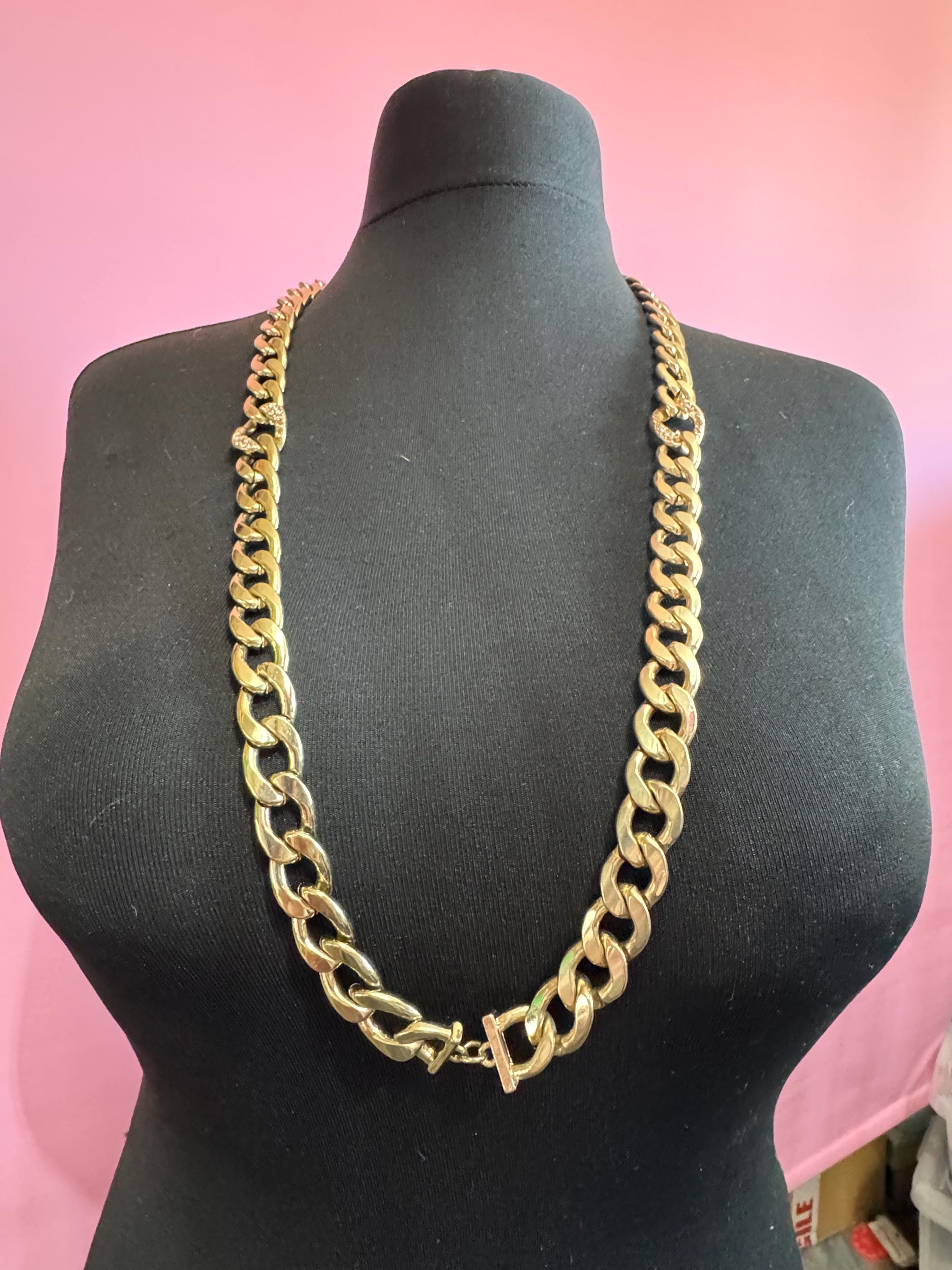 Curb Chain Necklace: Chunky Gold Tone With Pink Crystals - 93cm  display picture 1