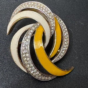 signed AS Vintage Attwood & Sawyer orange enamel modernist crystal brooch
