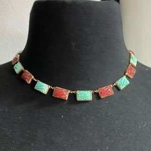 Green peking glass and carnelian red necklace 1930s Antique Art Deco