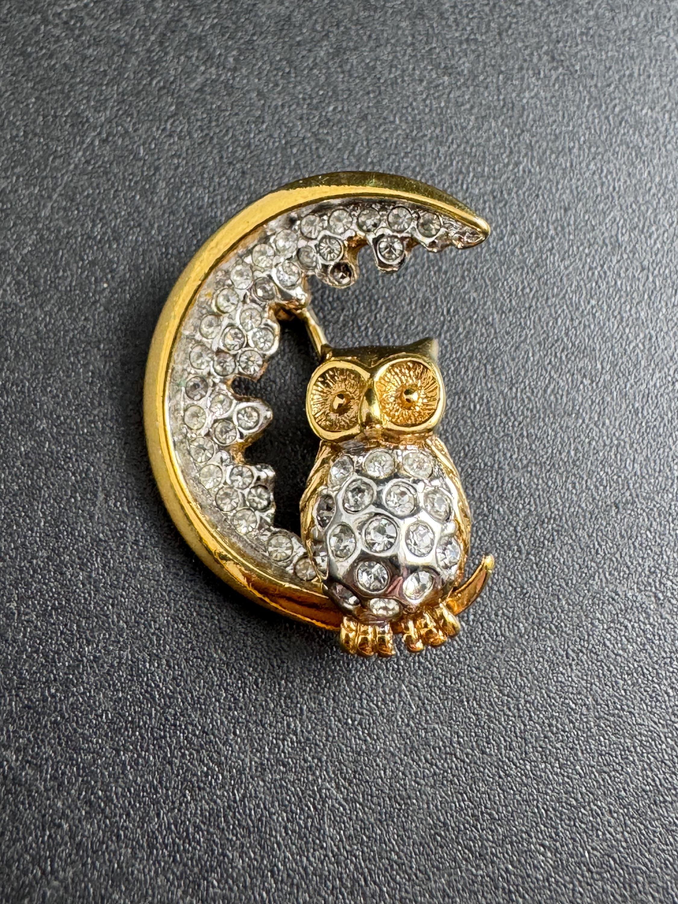 Attwood And Sawyer Owl In Moon Brooch | Rhinestone | Gold Plated, Signed Vintage Celestial Pin