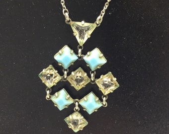 Open Back crystal turquoise blue clear silver Necklace antique Art Deco Czech