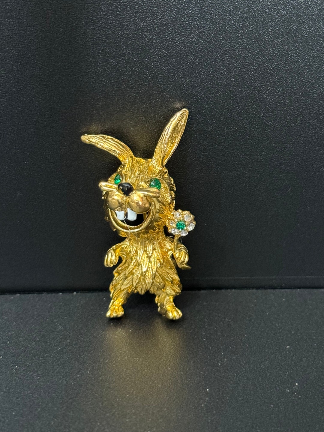 Novelty Vintage Cartoon Rabbit Brooch Gold Tone With Clear Diamanté and ...