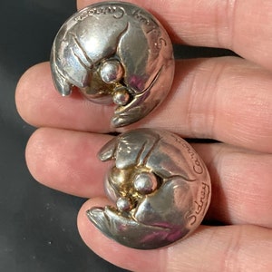Signed SIDNEY CARRON Paris French designer large silver tone round clip on earrings